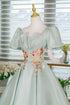 Green Satin A-line with Flower Short Sleeves Homecoming Dress, Green Satin Party Dress